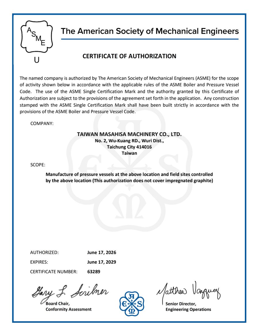 ASME Certificate of Authorization, U designator