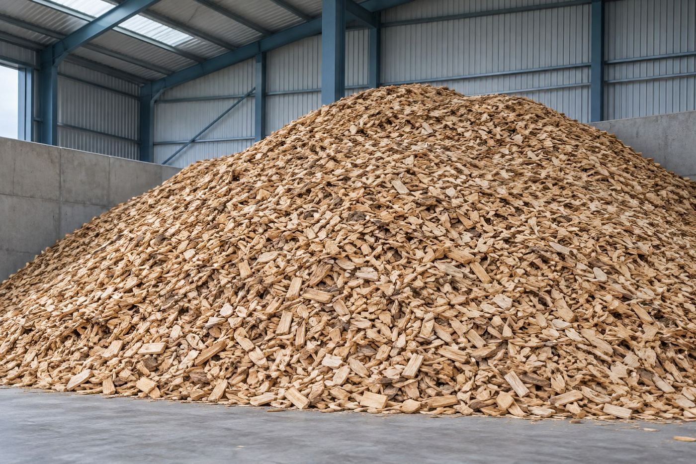 Clean wood chips; acceptance depends on the fuel specification (AI-generated illustration)